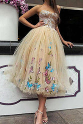 Butterfly Floral Ball Gown Tea Length Lace Strapless Homecoming Dresses