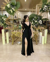 Black Deep V Neck Long Evening Dress Black Bridesmaid Dress Y4648