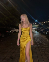 Vestido de noche largo amarillo de satén de seda estilo sirena sexy Y7304