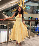 Vestido de noche sexy con escote halter y escote en V profundo, estampado de satén amarillo, modelo Y8249
