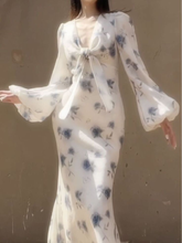 Elegant Ice Blue Rose Chiffon Print Floral Prom Dress Long Mermaid Evening Dress Y8407