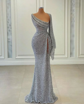 Robe de bal longue sirène à sequins, décolleté asymétrique, robe de soirée charmante Y269
