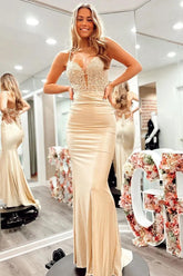 Champagne Spaghetti Straps Corset Back Long Prom Dress