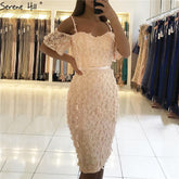 En oferta, sin devoluciones ni reembolsos. Vestido de cóctel sexy y elegante color champán, manga corta, con flores hechas a mano y cristales. Modelo 2025 LA60730