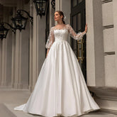 Classic Wedding Dresses Women O-Neck Full Sleeves Bride Dress Satin With Applique Sweep Train A-Line Custom Occasion Gowns