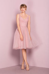 Lindo vestido rosa de fiesta corto hasta la rodilla con escote en V para baile de bienvenida PG151