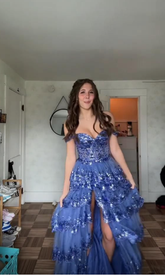 Vestido de noche de tul azul brillante con lentejuelas y capas, vestido de fiesta formal con abertura Y7961