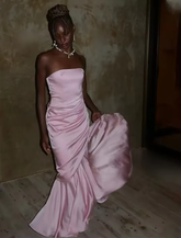 Vestido de noche rosa elegante estilo sirena, sin tirantes, plisado, para baile de graduación Y8126