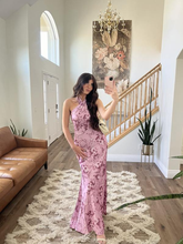 Elegant Halter Pink Satin Print Long Prom Dress Evening Dress Y8454