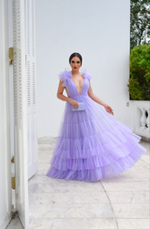 Lavender Deep V Neck Tulle Prom Dress Lavender Evening Dress Y6185