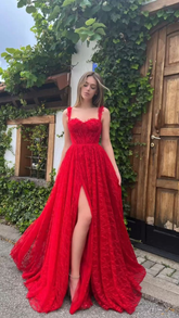 Elegante vestido de fiesta de encaje rojo con escote corazón, abertura lateral, cintura alta, corte en A, vestido formal de boda, fiesta de noche Y4909