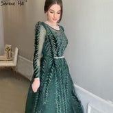 Robe de soirée verte à manches longues, col rond, perles et paillettes, coupe trapèze, design Dubaï, 2025, LA70040