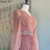 Robe de soirée rose à col en V et manches longues pailletées, luxueuse, design Dubaï, LA60948, 2025