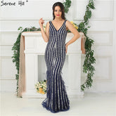 Sale Dubai Designer Luxury Blue Sexy Evening Dresses 2025 Deep-V Backless Diamond Beading Evening Gowns Real Photo LA6585