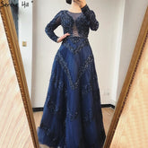Dubai Grey A-Line Luxury Sexy Evening Dresses 2025 Long Sleeves Diamond Beading Formal Dress LA70618