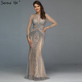 Dubai Long Sleeves Grey Luxury Evening Dresses O-Neck Full Diamond Mermaid Formal Dress 2025 Plus Size LA70116