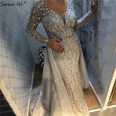 Dubai Luxury Grey With DetachableTrain Evening Dresses 2025 Long Diamond Mermaid Beading Formal Dress LA70341