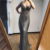 Dubai Luxury V-Neck Silver Sexy Evening Dresses 2025 Long Sleeves Beading Tassel Formal Dress LA70061