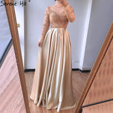 Dubai Mulim Gold A-line Long Satin Crystal Beading Evening Dresses 2025 Gowns For Woman Formal Dress LA70550