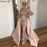 Dubai Peach Luxury Mermaid Vintage Evening Dress Sequined Long Sleeves With Train Evening Gowns 2025 LA6613