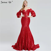 On Sale No Return No Refund Sale Dubai Red Sequined Off Shoulder Sexy Evening Dresses 2025 Latest Design Mermaid Long Sleeves Luxury Evening Gowns LA60993