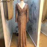 Robe de soirée à paillettes or rose, col en V, manches longues, luxueuse, scintillante, LA60970, 2025