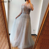 Dubai Silver Grey Long Sleeves Evening Dresses 2025 Luxury A-Line Sexy Fromal Dress Design LA60869
