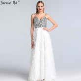 On Sale No Return No Refund Sale Dubai White V-Neck Backless Luxury Evening Dresses 2025 Sleevleess Sequined Tiered Formal Dress LA60955