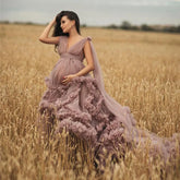 Bata premamá rosa empolvado para sesión de fotos o baby shower. Vestido elegante de tul con volantes para mujer. Bata de noche para fotografía.