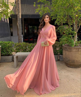 Women's Long Sleeve Country Bridesmaid Dress V Neck Chiffon Evening Dress Y7208