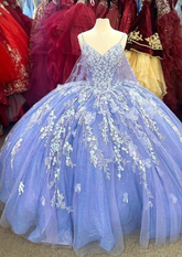 Robe de bal violette à fines bretelles et col en V ornée d'appliqués, robe de Sweet 16, robe de Quinceañera, Y2456