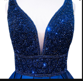 Robe de soirée longue pour femme, bleu marine, col en V, sans manches, dos nu, ornée de perles, référence Y1193