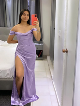 Simple Lilac Off The Shoulder Satin Evening Dress Slit Mermaid Prom Dress Y8309