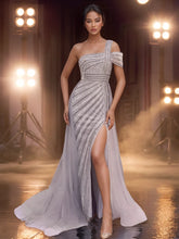 Robe de soirée sirène de luxe à une épaule ornée de cristaux et taille basse, style Dubaï