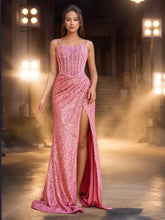 Vestido de noche de sirena con tirantes finos de encaje de lujo y corpiño transparente