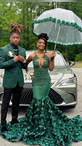 Vestido de noche de sirena verde de lujo con flores 3D, vestido de concurso Y6356