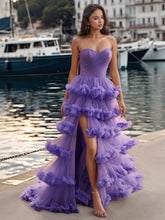 Vestido de baile de gala con corsé transparente plisado sin tirantes y capas escalonadas