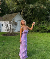 Vestido de noche largo de fiesta con encantador estampado floral de gasa lavanda con tirantes finos y volantes Y8266