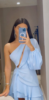 Elegant Short One Shoulder Chiffon Homecoming Dress A-Line Sky Blue Ruffled Cocktail Party Dress Y2436