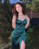 Robe de soirée verte sans manches en satin, élégante robe de soirée verte Y2131