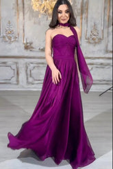 Elegante vestido largo de fiesta morado, corte en A, sin tirantes y con cordones