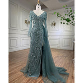 Robe de soirée élégante turquoise fendue en sirène, manches longues et perles, pour femme, tenue de mariage, LA71793A