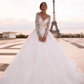 Vestidos de novia elegantes con bordados, estilo princesa, corte princesa, escote corazón, manga larga, sencillos, con botones en la espalda.