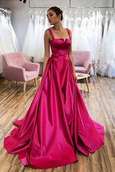 Robe de bal élégante rose fuchsia en satin, coupe trapèze, bretelles spaghetti, robe de soirée