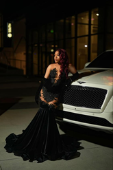 Vestido de fiesta sexy con apliques de encaje, vestido de noche negro estilo sirena Y6497