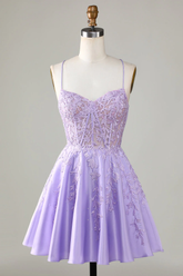 Vestido corto de fiesta de satén morado con corsé, corte en A y encaje Y3066