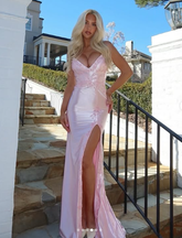 Vestido de noche de sirena con apliques de satén rosa, abertura larga y estilo sirena Y8263