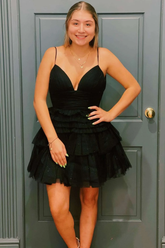 Multi-Tiered V-Neck Backless A-Line Short Party Dress A-line Homecoming Dress Y2350