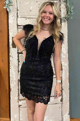 Sheath V-Neck Feathered Sequins Homecoming Dress
