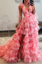 Kylee | Vestido largo de fiesta rojo con estampado floral, escote en V y tirantes con lazo